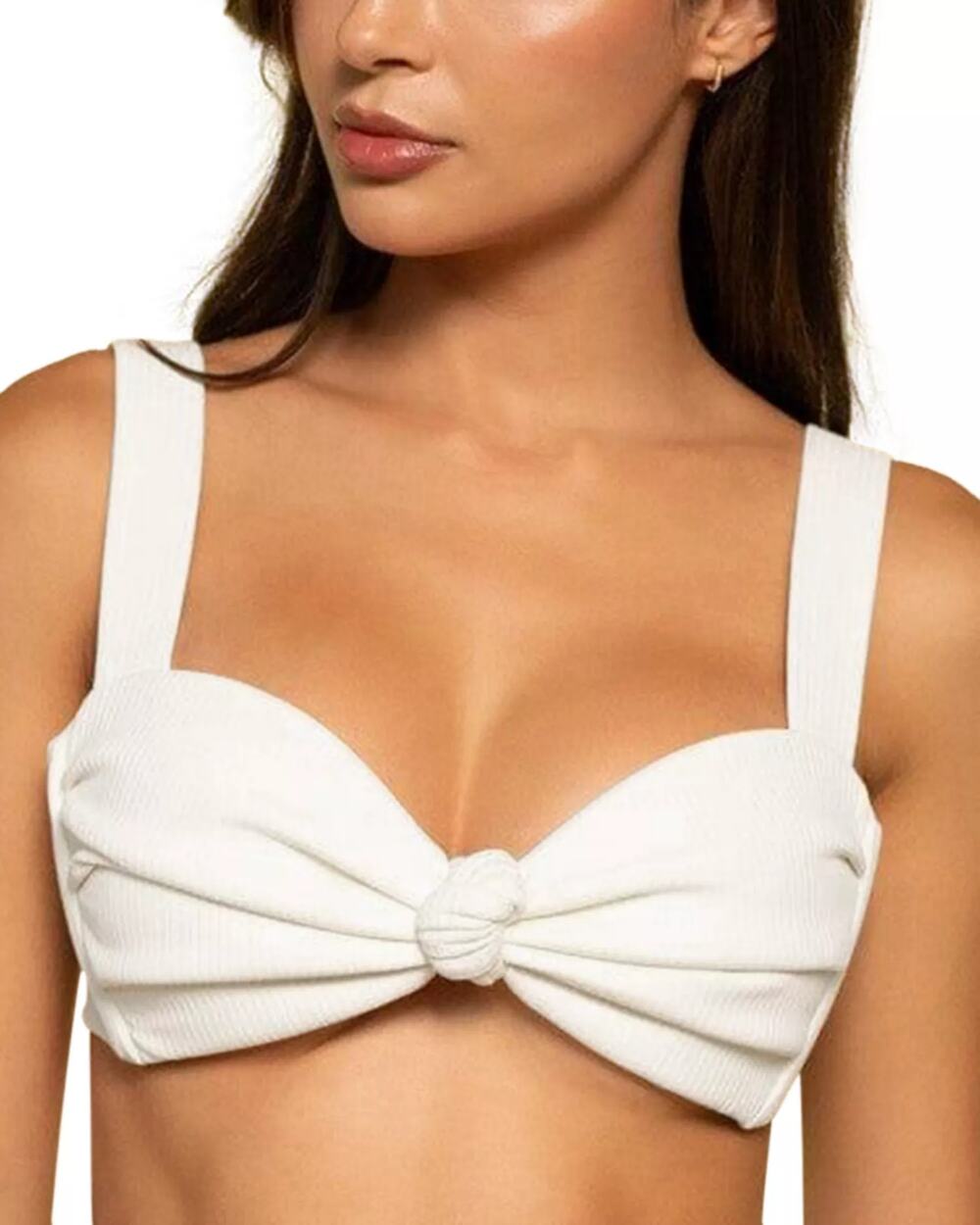 Montce Women Cream Ribbed Hayden Bow Styled Wide Strap Swim Bikini Top Size M